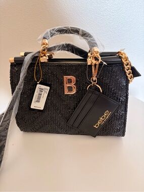 bebe Black Textured Satchel with Gold Accents and Cardholder